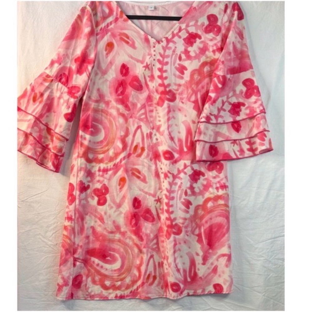 Pink Watercolor Print V-Neck Ruffle Sleeve Dress